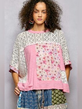 🌼#061 R3-2 POL Pink Patchwork Floral Lace Top